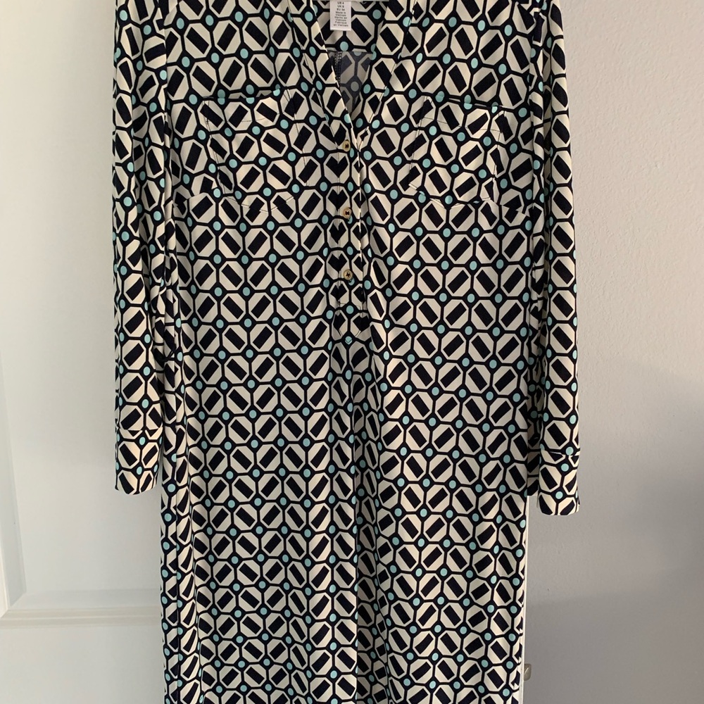 JM Collection Blues and cream Geometric Long Sleeve Dress